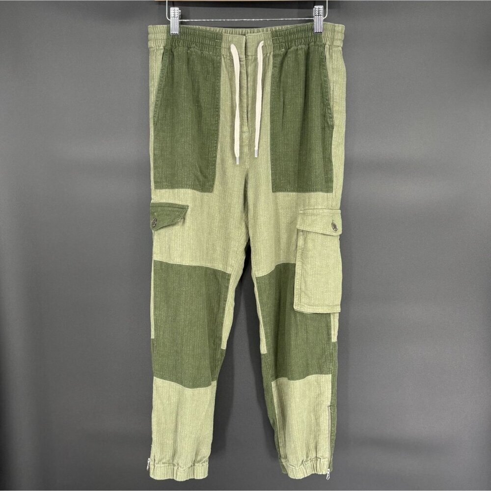 J.Crew Women's Tie Waist Linen Blend Cargo Pants 4 Green Jogger Patchwork Boho